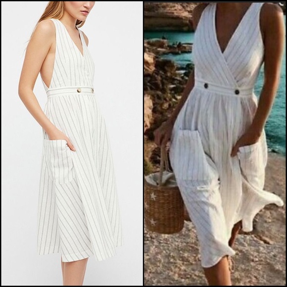 Free People Wrap Pinstripe Cotton Midi Dress - Picture 2 of 14
